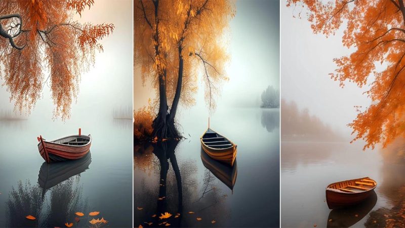 A Tranquil Journey: A Lone Boat’s Dance with Autumn’s Palette