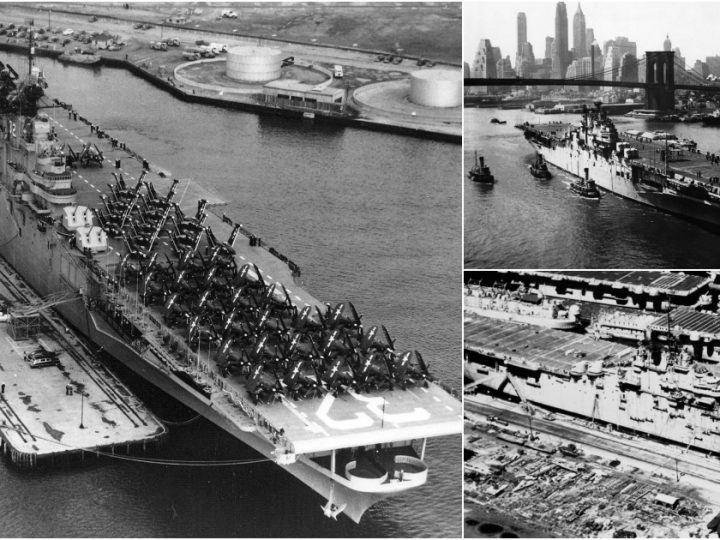 Historic Voyage: USS Leyte (CV-32) Navigates the East River to Brooklyn Navy Yard in 1948