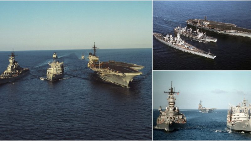 USNS Kawishiwi (T-AO-146) Replenishes USS Missouri (BB-63) and USS Kitty Hawk (CV-63) – July 25, 1986